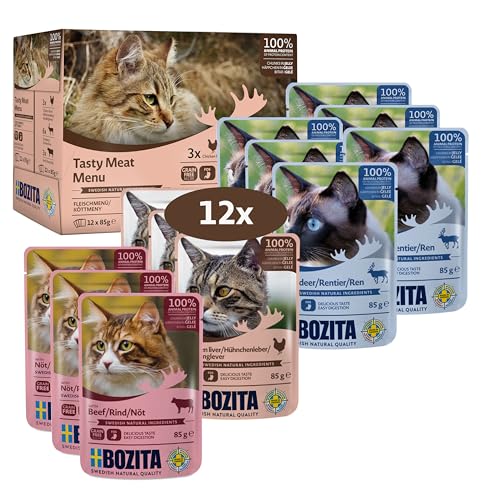 Bozita Nassfutter Häppchen in Gelee im Portionsbeutel Multibox 3X Hühnchenleber 3X Rind 6X Rentier 12x85g Getreidefreie Katzenfutter Nassfutter von Bozita