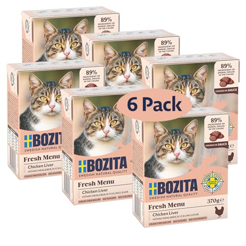 Bozita Nassfutter-Häppchen in Sauce mit Hühnchenleber - 6er Pack 370g schmackhaftes Katzenfutter ohne Getreide und Zucker - Katzenfutter mit 7,5% Protein & 5% Fettgehalt, ohne Gentechnik von Bozita