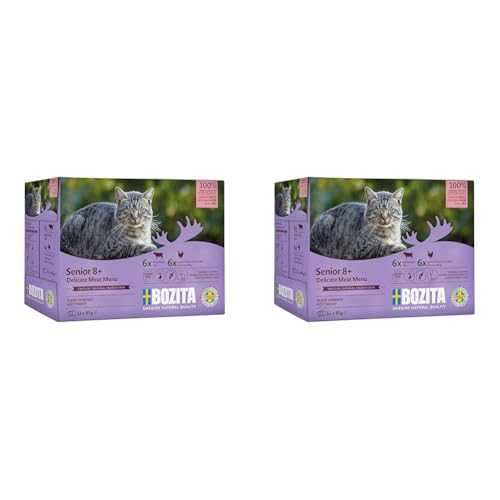 Bozita Nassfutter Senior für Katzen ab 8 Jahre Mulitbox 6X Rind 6X viel Huhn Häppchen in Sauce im Portionsbeutel 12x85g Getreidefreie Katzenfutter Nassfutter (Packung mit 2) von Bozita