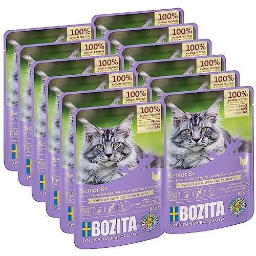 Bozita Nassfutter Senior 8+ viel Huhn Häppchen in Sauce im Portionsbeutel 12x85g Getreidefreie Katzenfutter Nassfuttter von Bozita