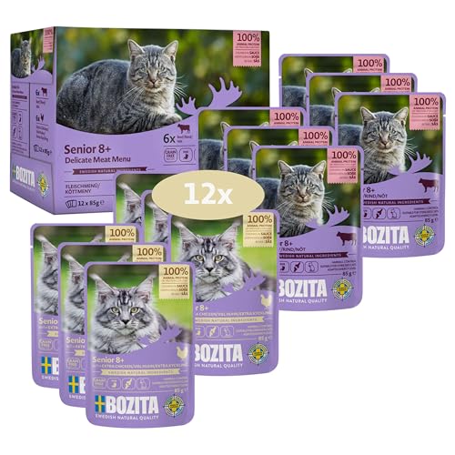 Bozita Nassfutter Senior für Katzen ab 8 Jahre Multibox 6X Rind 6X viel Huhn Häppchen in Sauce im Portionsbeutel 12x85g Getreidefreie Katzenfutter Nassfutter von Bozita