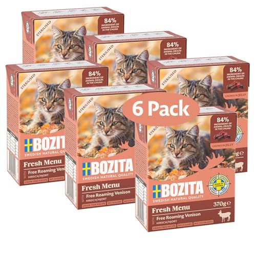 Bozita Sterilised Nassfutter-Häppchen für Katzen in Gelee mit Hirsch- 6er Tetra Pack 370g Katzenfutter ohne Getreide und Zucker - Katzen-Futter mit 7,5% Protein & 5% Fettgehalt, ohne Gentechnik von Bozita