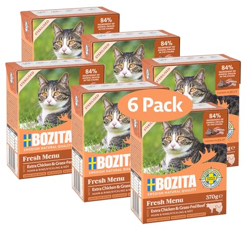 Bozita Sterilised Nassfutter-Häppchen für Katzen in Gelee mit Huhn & Rind- 6er Tetra Pack 370g Katzenfutter ohne Getreide und Zucker - Katzen-Futter mit 7,5% Protein & 5% Fettgehalt, ohne Gentechnik von Bozita