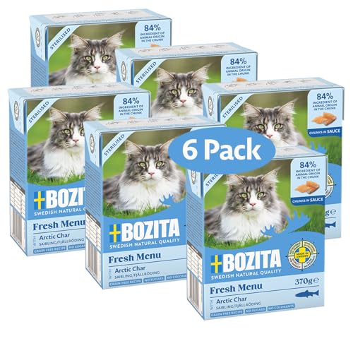 Bozita Sterilised Nassfutter-Häppchen in Sauce mit viel Saibling- 6er Pack 370g appetitliches Katzenfutter ohne Getreide und Zucker - Katzen-Futter mit 8,5% Protein & 4,5% Fettgehalt, ohne Gentechnik von Bozita