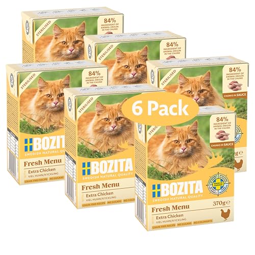 Bozita Sterilised Nassfutter-Häppchen in Sauce mit viel Huhn - 6er Pack 370g schmackhaftes Katzenfutter ohne Getreide und Zucker - Kitten-Futter mit 8,5% Protein & 4,5% Fettgehalt, ohne Gentechnik von Bozita