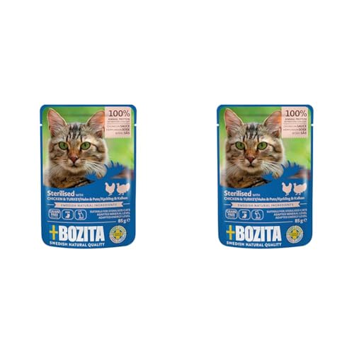 Bozita Sterilised Katzenfutter Huhn&Pute Häppchen in Soße im Portionsbeutel Pouch 12x85g Nassfutter für Katzen (Packung mit 2) von Bozita