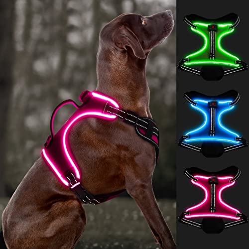 Bpawser Light Up Hundegeschirr LED Hundegeschirr No-Pull mit Griff Wiederaufladbare beleuchtete Hundeweste Geschirr Hundegeschirr für X-Small Small Medium Large X-Large Größe (Rosa,L) von Bpawser