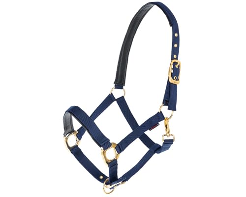 Brama West Halfter Pferd Golden Line Pferdehalfter mit Goldenen Beschlägen (Navy, Full) von Brama West