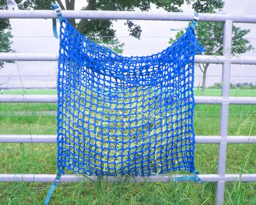 Brama West Heunetztasche Pferd mit Gurtverschlüssen Futtersparnetz 1m x 0,90m - für 15kg Heu - Blau von Brama West