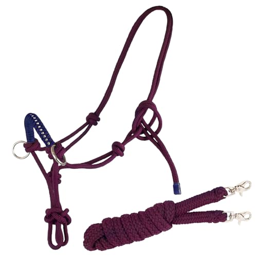 Brama West Knotenhalfter mit Zügel für Pferde - mit Snap-Karabiner und Strass - Bordeaux/Navy, Gr. Cob von Brama West