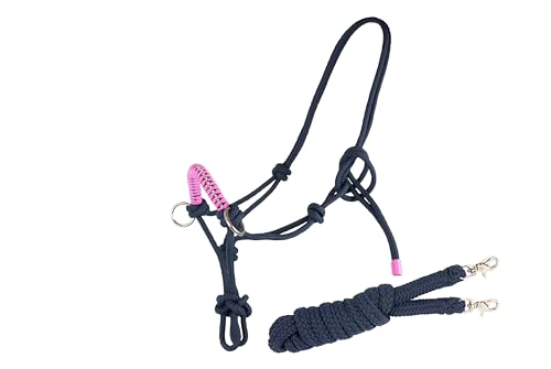 Brama West Knotenhalfter mit Zügel für Pferde - mit Snap-Karabiner und Strass - Navy/Pink - Gr. Cob von Brama West