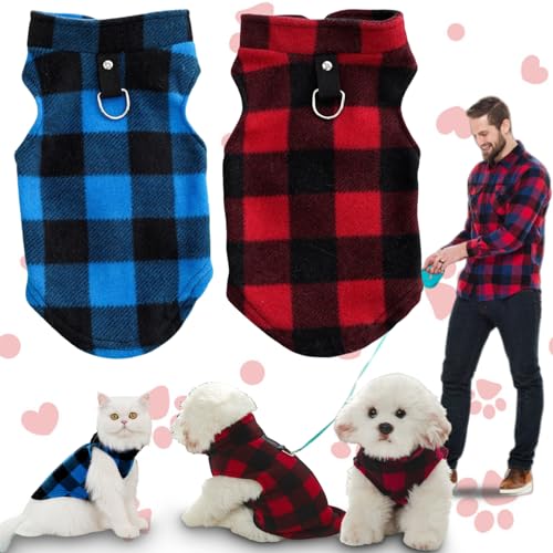 Brateuanoii 2 Stück Haustier Hund Polar Fleece Weste Herbst Winter, Haustier Plaid Jacke, Hundemantel Fleece Mit D-Ringen, Haustier Pullover Weicher Hunde Pullover, Warm Und Leicht, XL(Rot, Blau) von Brateuanoii