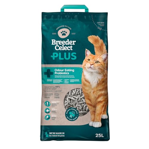 Breeder Celect Plus Natürliches Katzenstreu mit Geruchsbindenden Probiotika (25L) - 99% Recyclingpapier, Hochabsorbierendes Streu/Einstreu, Weich & Geeignet für Kätzchen, Nicht klumpend von BreederCelect