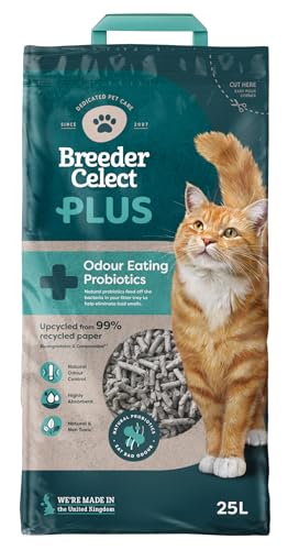 Breeder Celect Plus Natürliches Katzenstreu mit Geruchsbindenden Probiotika (25L) - 99% Recyclingpapier, Hochabsorbierendes Streu/Einstreu, Weich & Geeignet für Kätzchen, Nicht klumpend von BreederCelect