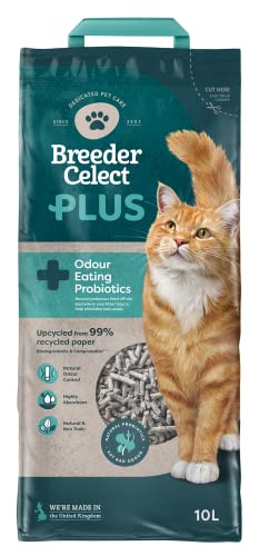 Breeder Celect Plus Natürliches Katzenstreu mit Geruchsbindenden Probiotika (10L) - 99% Recyclingpapier, Hochabsorbierendes Streu/Einstreu, Weich & Geeignet für Kätzchen, Nicht klumpend von BreederCelect