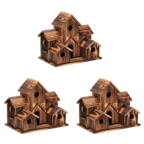 Breeshy 3 x Vogelhaus aus Holz, zum Aufhängen, für den Außenbereich, 6 Löcher aus Holz, Vogelhaus, Dekoration für Hinterhof von Breeshy
