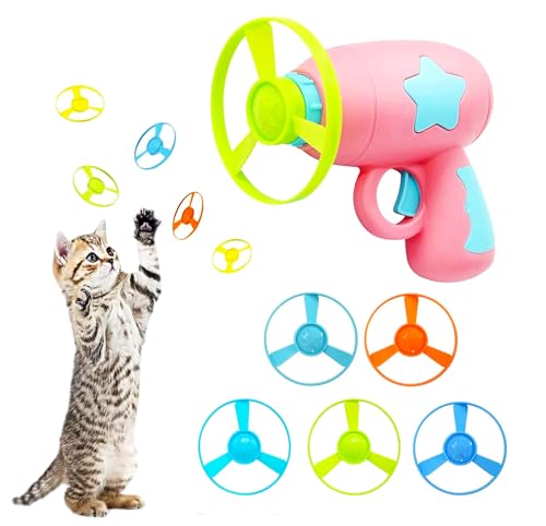 Katzen-Apportierspielzeug, bunte Fliegende Propeller (zufällige Farbe) mit 1 Launcher und 5 fliegenden Scheiben, Katze jagt Fliegender Propeller,Training, Jagd, Jagd von Breezy