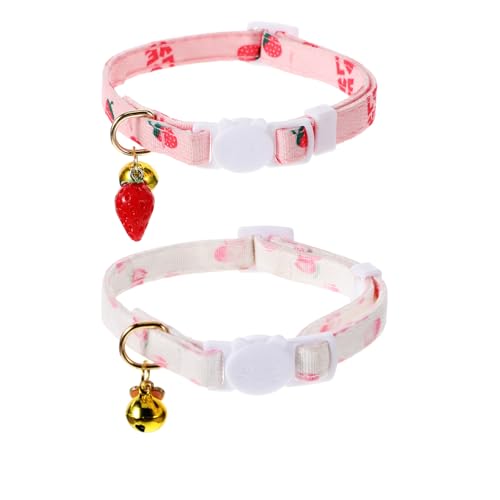 2 Stück Rosa Halsband Katze Katzenhalsband Katzen Halsbänder Katzenhalsbänder Aus Baumwolle Mit Abnehmbarem Halsband Abreißbares Erdbeeren Weißem Herzförmigem Anhänger Für Katzenmädchen Katzenjungen von Bremorou