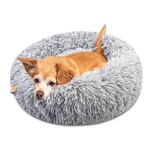 Brevanza Hundebett Rund, Katzenbett Flauschig, Hundekissen Waschbar, Hundebetten Donut, Hundekorb PlüSch, HundeköRbchen, Katzenkissen, Welpenbett FüR MittelgroßE Kleine Hunde, 50cm Durchmesser, Grau von Brevanza