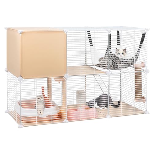 BriSunshine 2-stöckige Katzenkäfige Innen, DIY Metalldraht Katzengehege Zwinger Pet Home Kleintierhaus Abnehmbare Katzenkiste Indoor Catio mit Katzenbett, Hängematte, Kratzer, Schüssel, von BriSunshine