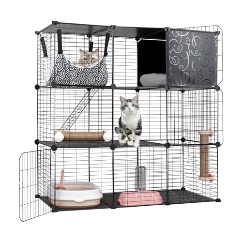 BriSunshine Katzenkäfig für drinnen, 3-stufige DIY Katzengehege mit Großem Hängemattenbett, Metall-Draht Katzenhaus Zwinger mit Katzenklo, Katzenbett, Kratzern, Schüssel und Treppen für 1-2 Katzen von BriSunshine