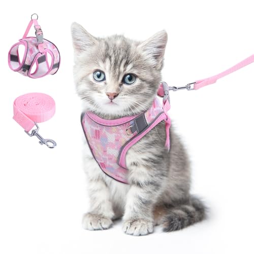 Brifit Katzengeschirr, Katzen Geschirrset Ausbruchsicher mit Reflektierenden Streifen, Verstellbar Cat Harness mit Leine 150cm, Katzen Geschirr für Kleine Kitten Hunde [Rosa XXS] für 4,41-6,61 lb Pet von Brifit