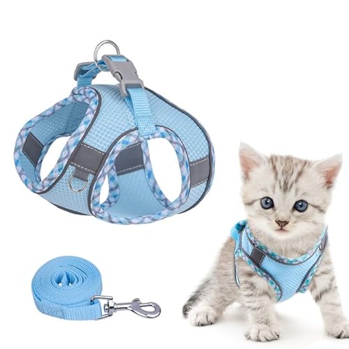 Brifit Katzengeschirr, Katzengeschirr mit Leine Ausbruchsicher, Softgeschirr für Katze mit Reflektierenden Streifen, Verstellbar Katzenweste, Cat Harness Katzen Geschirr für Katzen [Blau, XXS] von Brifit