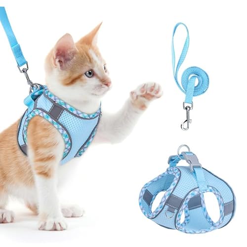 Brifit Katzengeschirr, Katzengeschirr mit Leine Ausbruchsicher, Softgeschirr für Katze mit Reflektierenden Streifen, Verstellbar Katzenweste, Cat Harness Katzen Geschirr für Katzen Puppy [Blau, XS] von Brifit