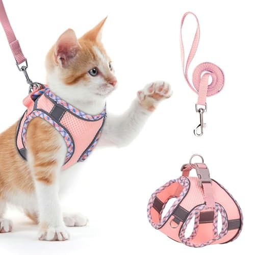 Brifit Katzengeschirr, Katzengeschirr mit Leine Ausbruchsicher, Softgeschirr für Katze mit Reflektierenden Streifen, Verstellbar Katzenweste, Cat Harness Katzen Geschirr für Katzen Puppy [Rosa, XS] von Brifit