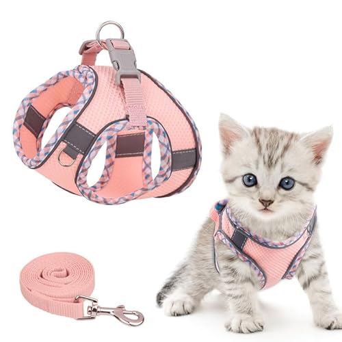 Brifit Katzengeschirr, Katzengeschirr mit Leine Ausbruchsicher, Softgeschirr für Katze mit Reflektierenden Streifen, Verstellbar Katzenweste, Cat Harness Katzen Geschirr für Katzen Puppy [Rosa, XXS] von Brifit