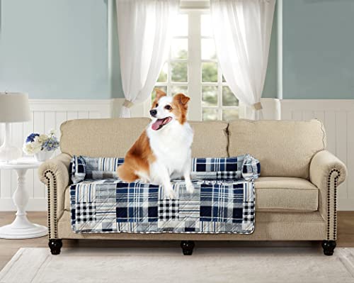 Brilliant Sunshine Blue Plaids and Stripes Patchwork Pet Sofa Bed, Quilted, Slip Resistant, Washable Couch Protector with Removable Bolster Cushions, Furniture Cover for Pets, Dogs, X-Large, Blue von Brilliant Sunshine