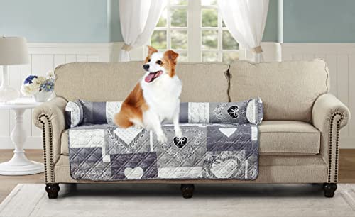 Brilliant Sunshine Grey Heart Love Patchwork Haustier-Sofa, Bett, gesteppt, rutschfest, waschbar, Couchschutz mit abnehmbaren Nackenrolle, Möbelbezug für Haustiere, Hunde, Katzen, Größe XL, Grau von Brilliant Sunshine