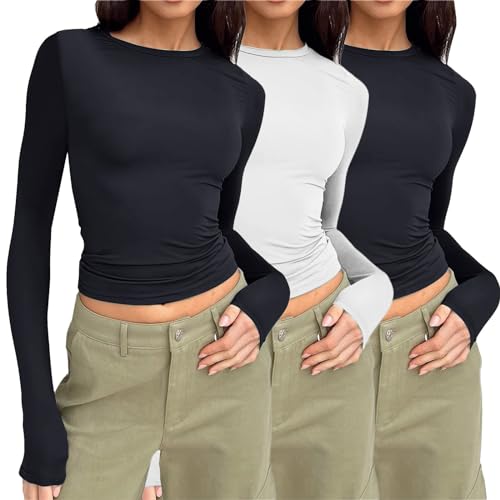 3 Pack Damen Langarmshirt Schwarz, Crop Top Langarm Weiß, Oberteile Bauchfreies Enges Tee Shirts Rund Ausschnitt Lange Ärmel Blusen Athletisch Skims Unterziehshirt Klassisch Einfarbiges Streetwear von Briskorry