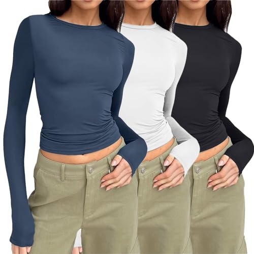 3 Pack Damen Langarmshirt Schwarz, Crop Top Langarm Weiß, Oberteile Bauchfreies Enges Tee Shirts Rund Ausschnitt Lange Ärmel Blusen Athletisch Skims Unterziehshirt Klassisch Einfarbiges Streetwear von Briskorry