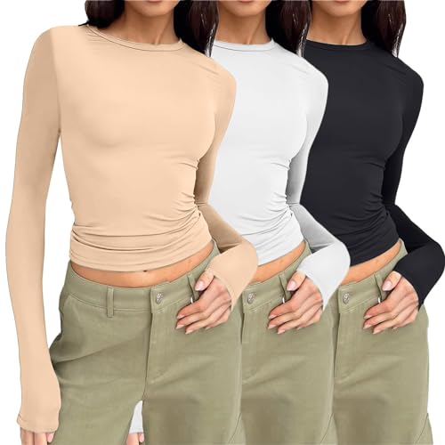 3 Pack Damen Langarmshirt Schwarz, Crop Top Langarm Weiß, Oberteile Bauchfreies Enges Tee Shirts Rund Ausschnitt Lange Ärmel Blusen Athletisch Skims Unterziehshirt Klassisch Einfarbiges Streetwear von Briskorry