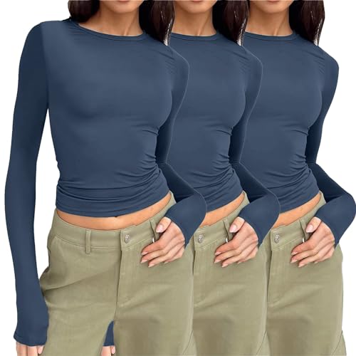 3 Pack Langarmshirt Damen Baumwolle, Crop Tops Damen Langarm Weiß, Oberteile Enges Bauchfreie T-Shirt Rundhals Langarm Top Y2K Sexy Unterziehshirt Basic Solide Streetwear 2024 von Briskorry