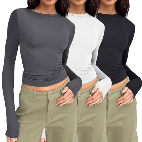 3 Pack Langarmshirt Damen Schwarz, Crop Top Damen Y2K, Oberteil Bauchfreies Slim Fit T Shirts Rundhalsausschnitt Langarm Shirts Elegant Y2K Stockholm Style Clothes Klassischer Einfarbiger Streetwear von Briskorry