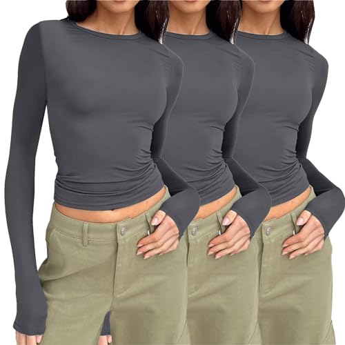 3 Pack Longsleeve Damen Eng, Crop Top Langarm Damen, Oberteil Bauchfreies Enges Tee Shirts Rundhalsausschnitt Langarm Shirt Y2K Athletische Stockholm Style Clothes Klassischer Solide Streetwear von Briskorry