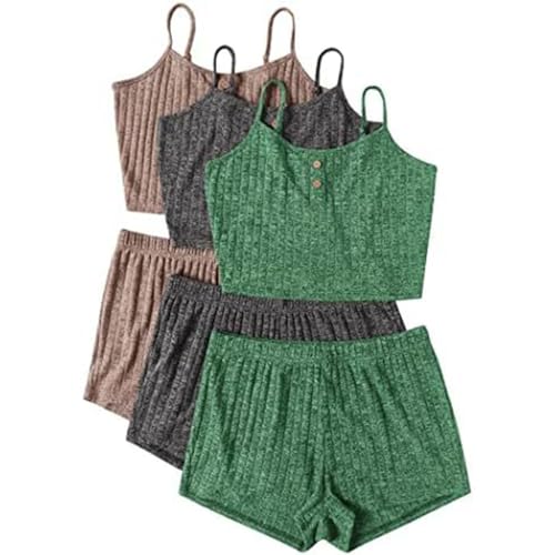 3pc Musselin Pyjama Damen, Schlafanzug Sommer Damen, Pjs Sets Zweiteiliger Shorty Nachtwäsche Reizvolle V Ausschnitt Ärmellose Sleepshirt und Kurze Hose Loungewear Komfort Lässige Negligé Solid 2024 von Briskorry