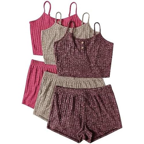 3pc Musselin Pyjama Damen, Schlafanzug Sommer Damen, Pjs Sets Zweiteiliger Shorty Nachtwäsche Reizvolle V Ausschnitt Ärmellose Sleepshirt und Kurze Hose Loungewear Komfort Lässige Negligé Solid 2024 von Briskorry