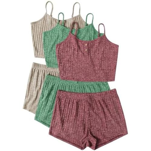 3pc Musselin Pyjama Damen, Schlafanzug Sommer Damen, Pjs Sets Zweiteiliger Shorty Nachtwäsche Reizvolle V Ausschnitt Ärmellose Sleepshirt und Kurze Hose Loungewear Komfort Lässige Negligé Solid 2024 von Briskorry