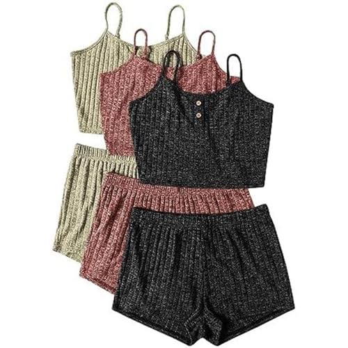 3pc Musselin Pyjama Damen, Schlafanzug Sommer Damen, Pjs Sets Zweiteiliger Shorty Nachtwäsche Reizvolle V Ausschnitt Ärmellose Sleepshirt und Kurze Hose Loungewear Komfort Lässige Negligé Solid 2024 von Briskorry