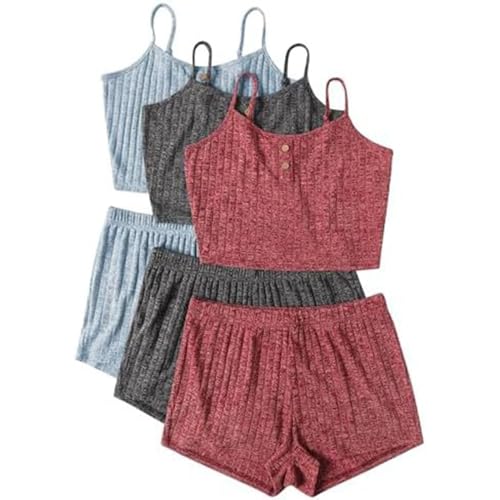 3pc Musselin Pyjama Damen, Schlafanzug Sommer Damen, Pjs Sets Zweiteiliger Shorty Nachtwäsche Reizvolle V Ausschnitt Ärmellose Sleepshirt und Kurze Hose Loungewear Komfort Lässige Negligé Solid 2024 von Briskorry