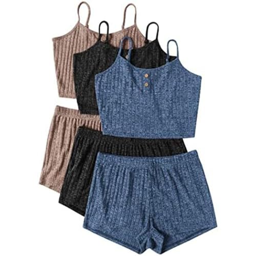 3pc Musselin Pyjama Damen, Schlafanzug Sommer Damen, Pjs Sets Zweiteiliger Shorty Nachtwäsche Reizvolle V Ausschnitt Ärmellose Sleepshirt und Kurze Hose Loungewear Komfort Lässige Negligé Solid 2024 von Briskorry