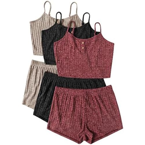 3pc Musselin Pyjama Damen, Schlafanzug Sommer Damen, Pjs Sets Zweiteiliger Shorty Nachtwäsche Reizvolle V Ausschnitt Ärmellose Sleepshirt und Kurze Hose Loungewear Komfort Lässige Negligé Solid 2024 von Briskorry