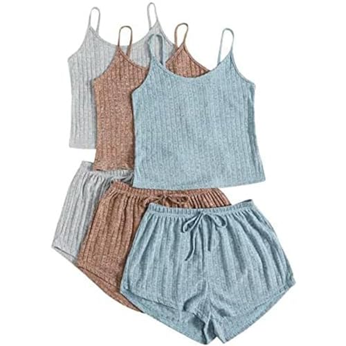 3pc Pyjama Damen Kurz, Musselin Schlafanzug Damen, Pyjamas Set Zweiteilige Kurz Nachtwäsche V Ausschnitt Reizvolle Cami Sleepshirt und Schlafshorts Loungewear Casual Bademantel Einfarbiges Sommer von Briskorry