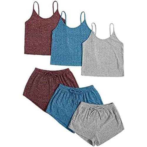 3pc Pyjama Damen Kurz, Musselin Schlafanzug Damen, Pyjamas Set Zweiteilige Kurz Nachtwäsche V Ausschnitt Reizvolle Cami Sleepshirt und Schlafshorts Loungewear Casual Bademantel Einfarbiges Sommer von Briskorry