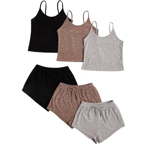 3pc Pyjama Damen Kurz, Musselin Schlafanzug Damen, Pyjamas Set Zweiteilige Kurz Nachtwäsche V Ausschnitt Reizvolle Cami Sleepshirt und Schlafshorts Loungewear Casual Bademantel Einfarbiges Sommer von Briskorry