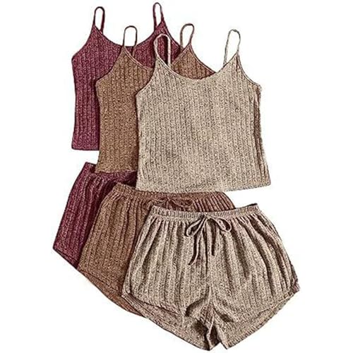 3pc Pyjama Damen Kurz, Schlafanzug Mädchen, Pyjama-Set Zweiteilige Shorty Nachtwäsche Set V Ausschnitt Reizvolle Ärmellose Shirt und Pyjamahosen Nightwear Komfort Casual Babydoll Einfarbiges 2024 von Briskorry