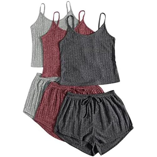 3pc Pyjama Damen Kurz, Schlafanzug Mädchen, Pyjama-Set Zweiteilige Shorty Nachtwäsche Set V Ausschnitt Reizvolle Ärmellose Shirt und Pyjamahosen Nightwear Komfort Casual Babydoll Einfarbiges 2024 von Briskorry